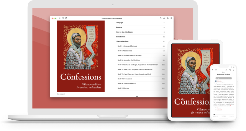 A laptop, a tablet, and a phone all showing versions of the Confessions eBook.