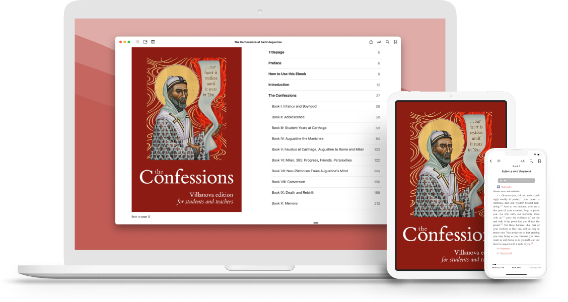 A laptop, a tablet, and a phone all showing versions of the Confessions eBook.