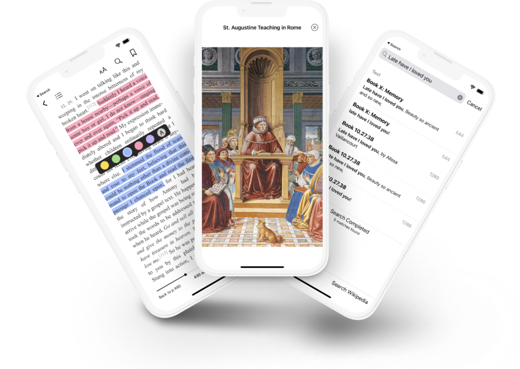 Three phones showing annotation features, an image of St. Augustine, and search features