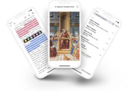 Three phones showing annotation features, an image of St. Augustine, and search features