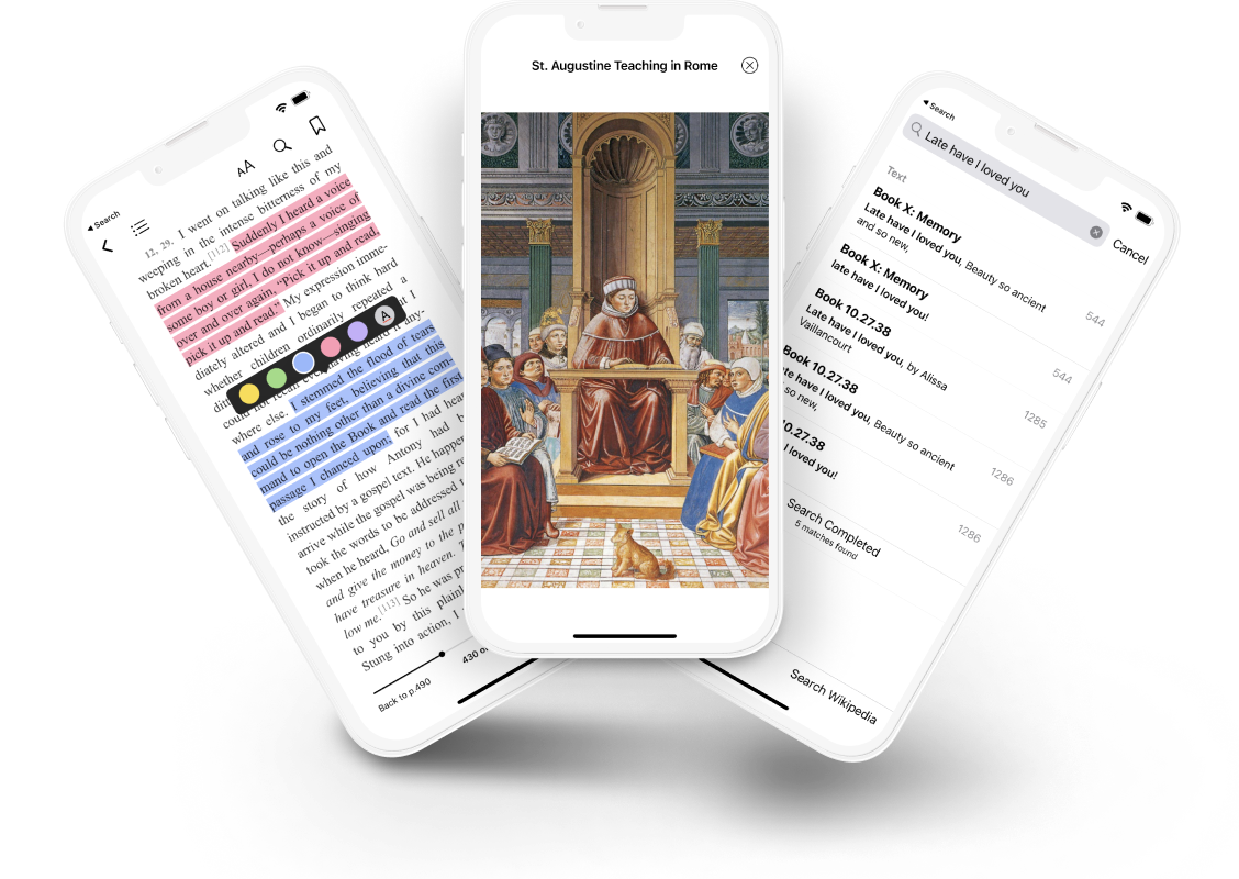 Three phones showing annotation features, an image of St. Augustine, and search features
